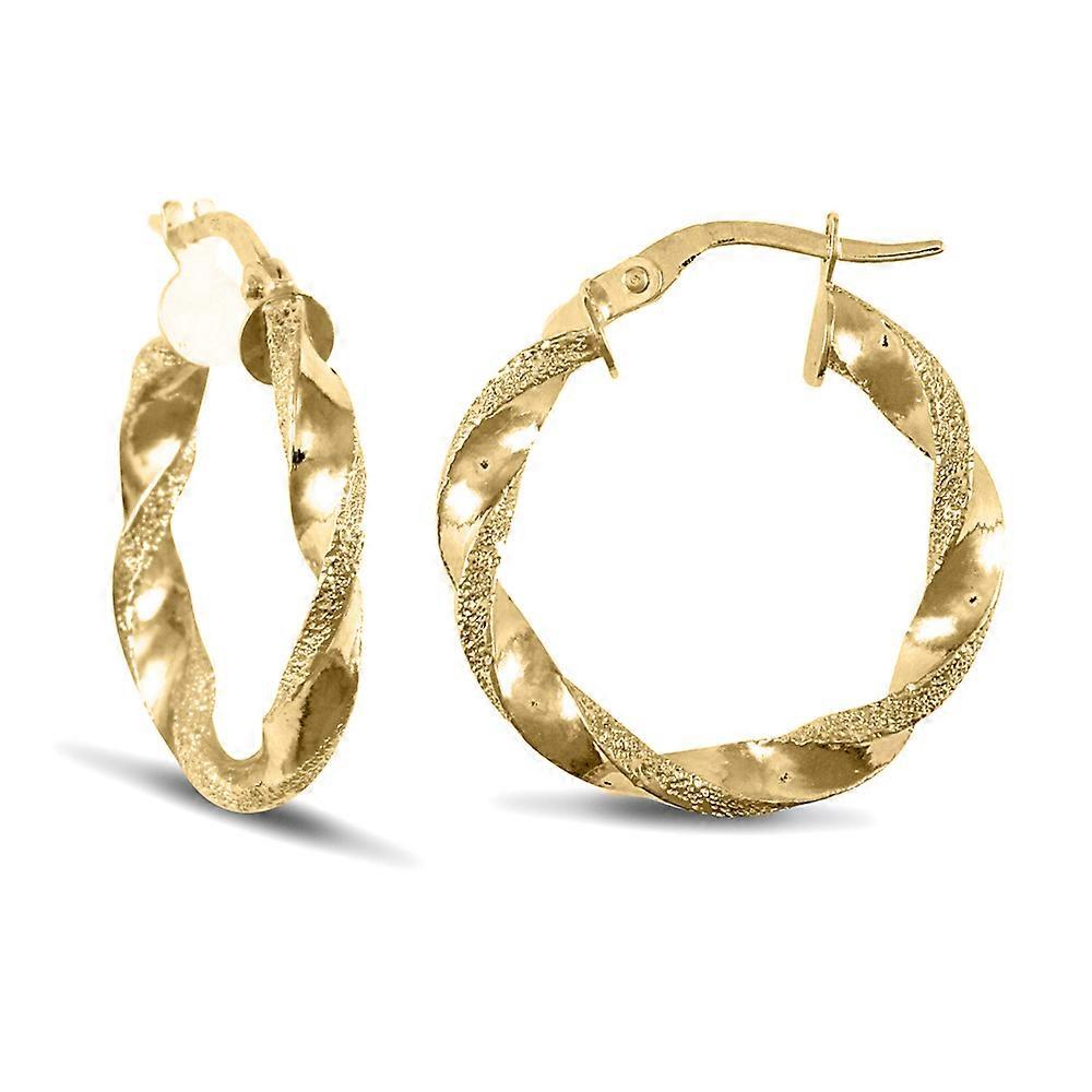 Jewelco London Ladies 9ct Yellow Gold Frosted Edge Twisted 3mm Hoop Earrings 22mm