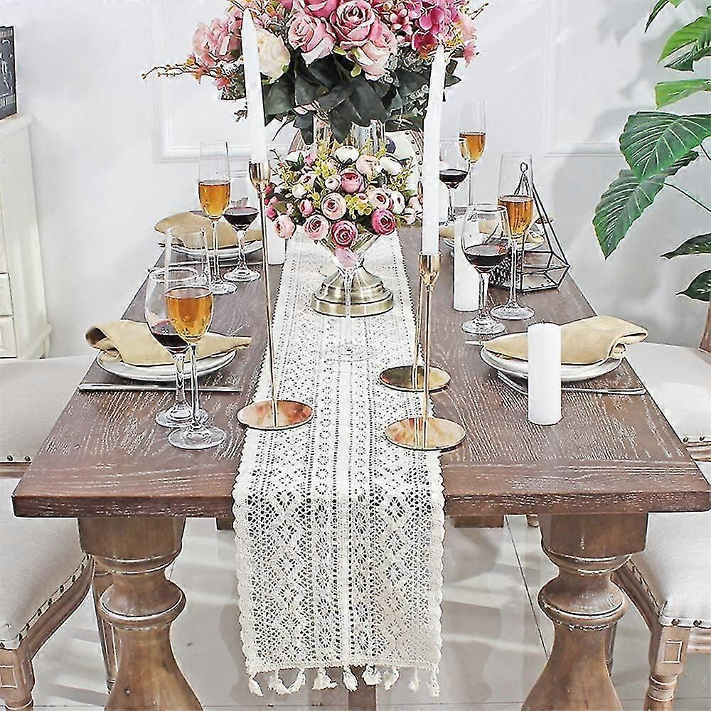 9.5"x 71" Beige Lace Table Runner Rectangular Lace Elegant Mesh Tablecloth For Rustic Boho Style
