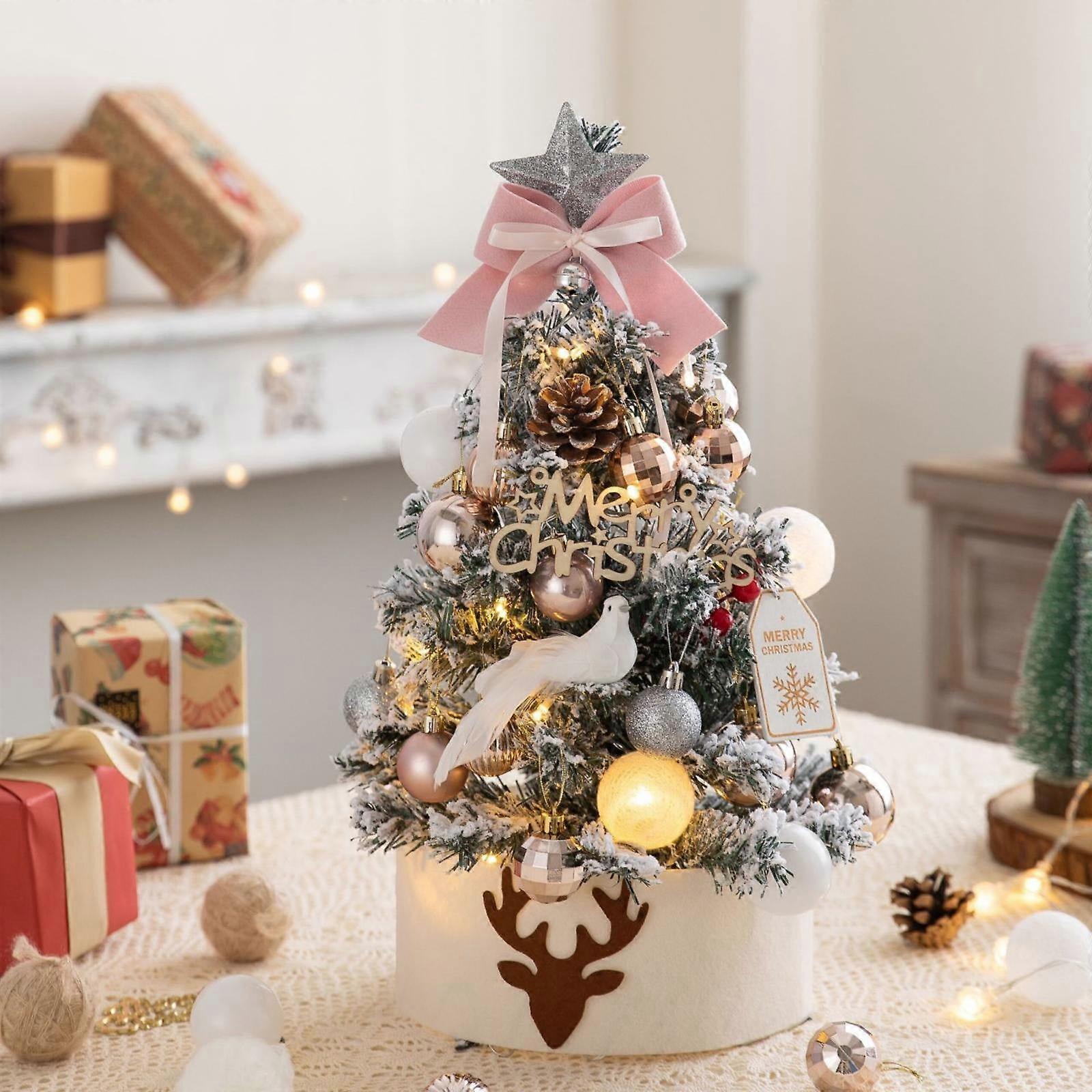 Begine 45cm Pink Snow Christmas Tree, Lighted Mini Desktop Xmas Tree with Decorations, Compatible with Christmas Ornaments & Shooting Props