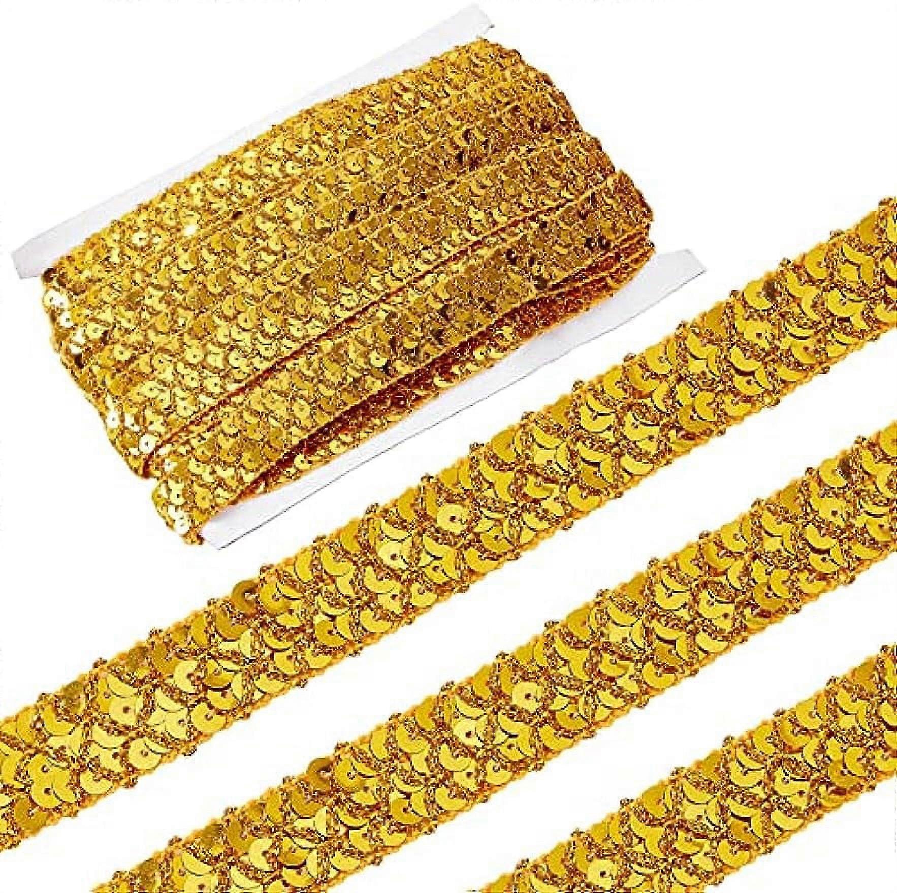 14Yds 0.78 Gold Sequin Trim Lace Ribbon Braid Sequins Beads Glitter Ribbon Sequin Strips 3 Rows Paillette Roll