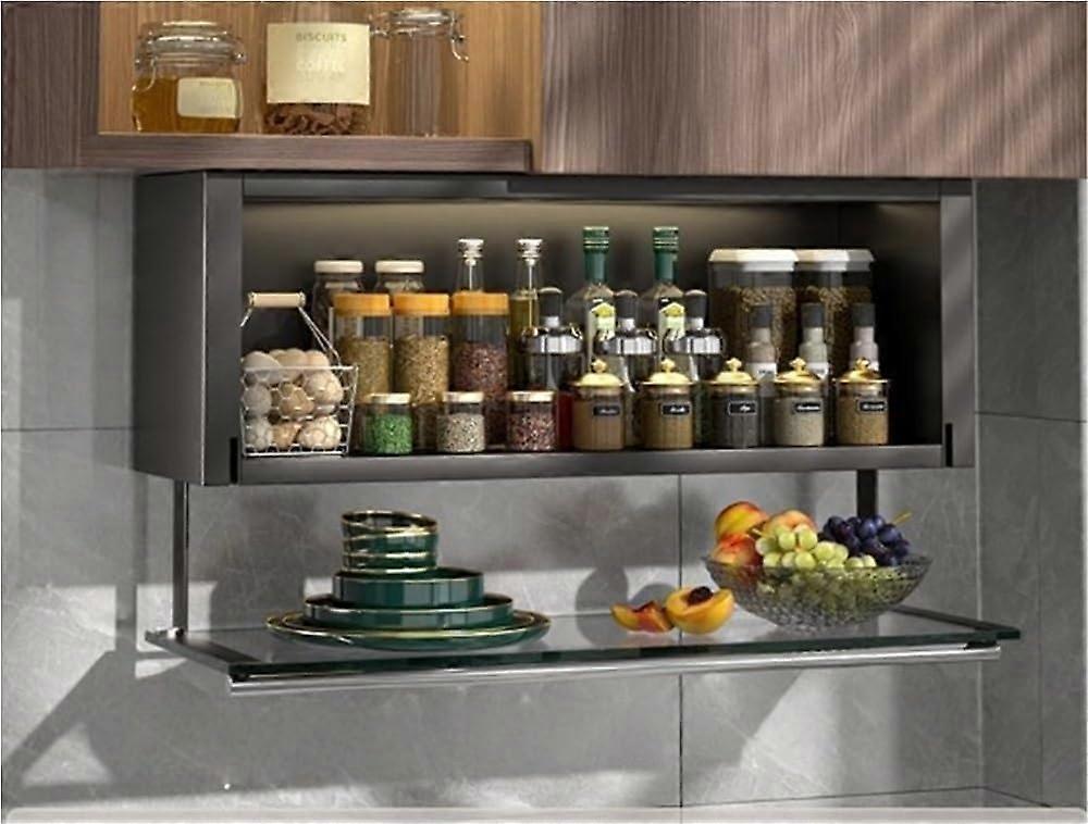 Pull Down Cabinet Organizer with Clear Glass Panel, SpaceSaving Kitchen Pantry Shelf, 23.6in Black