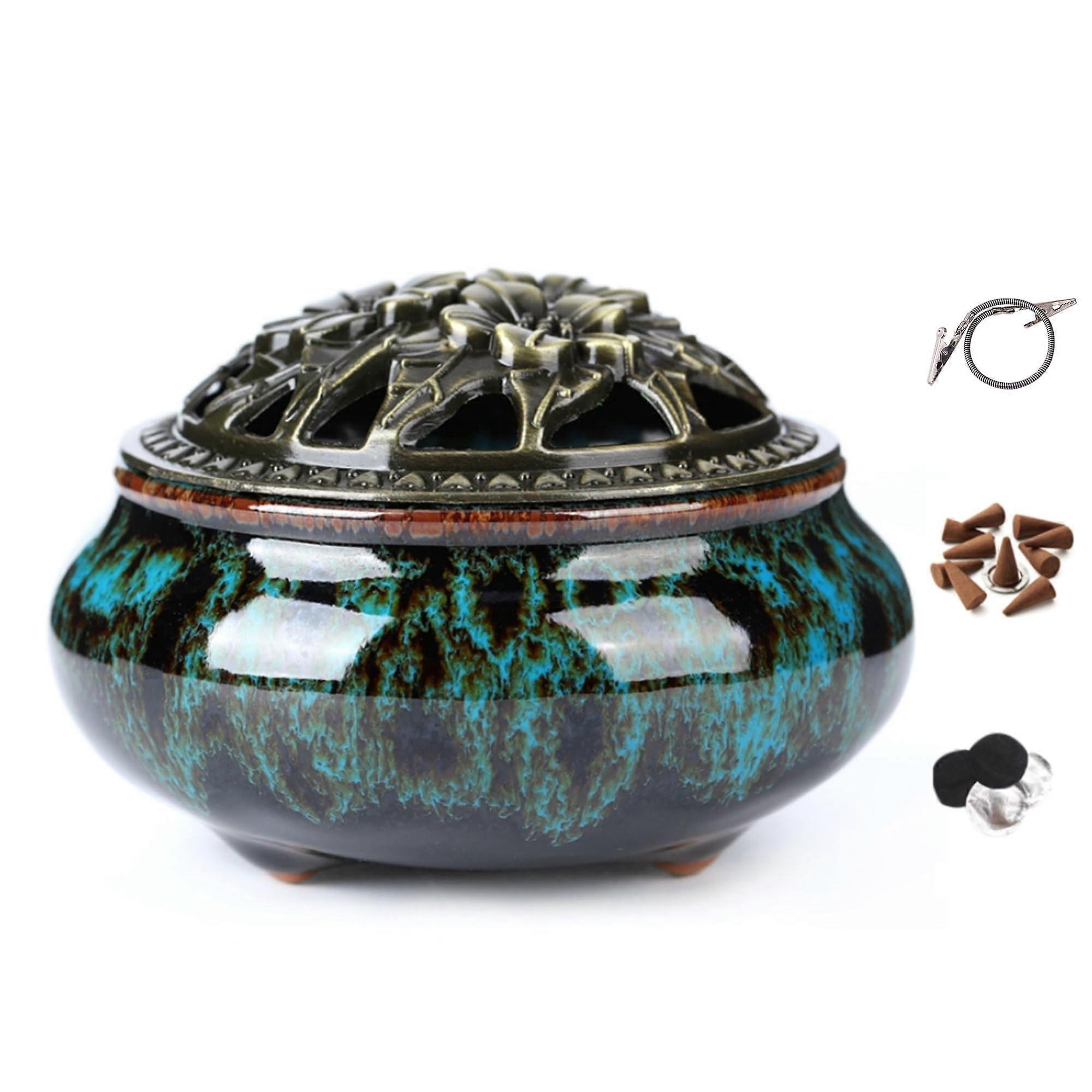Incense Burner Sky Blue Ceramic Holder for Resin Cone or Coil with Elegant Decorative Design