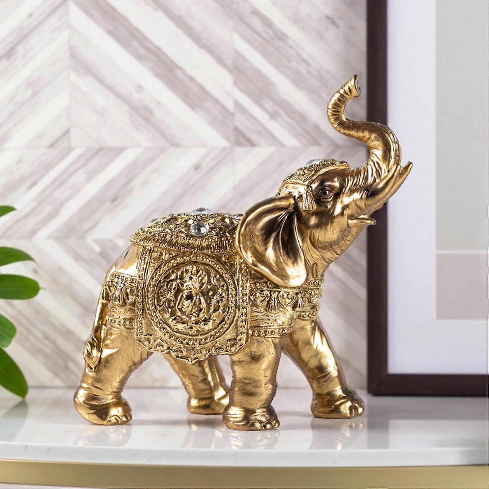 Gold Elephant Statue for Home Decor, Handpainted Resin Figurine with Upward Trunk, Symbol of Wealth