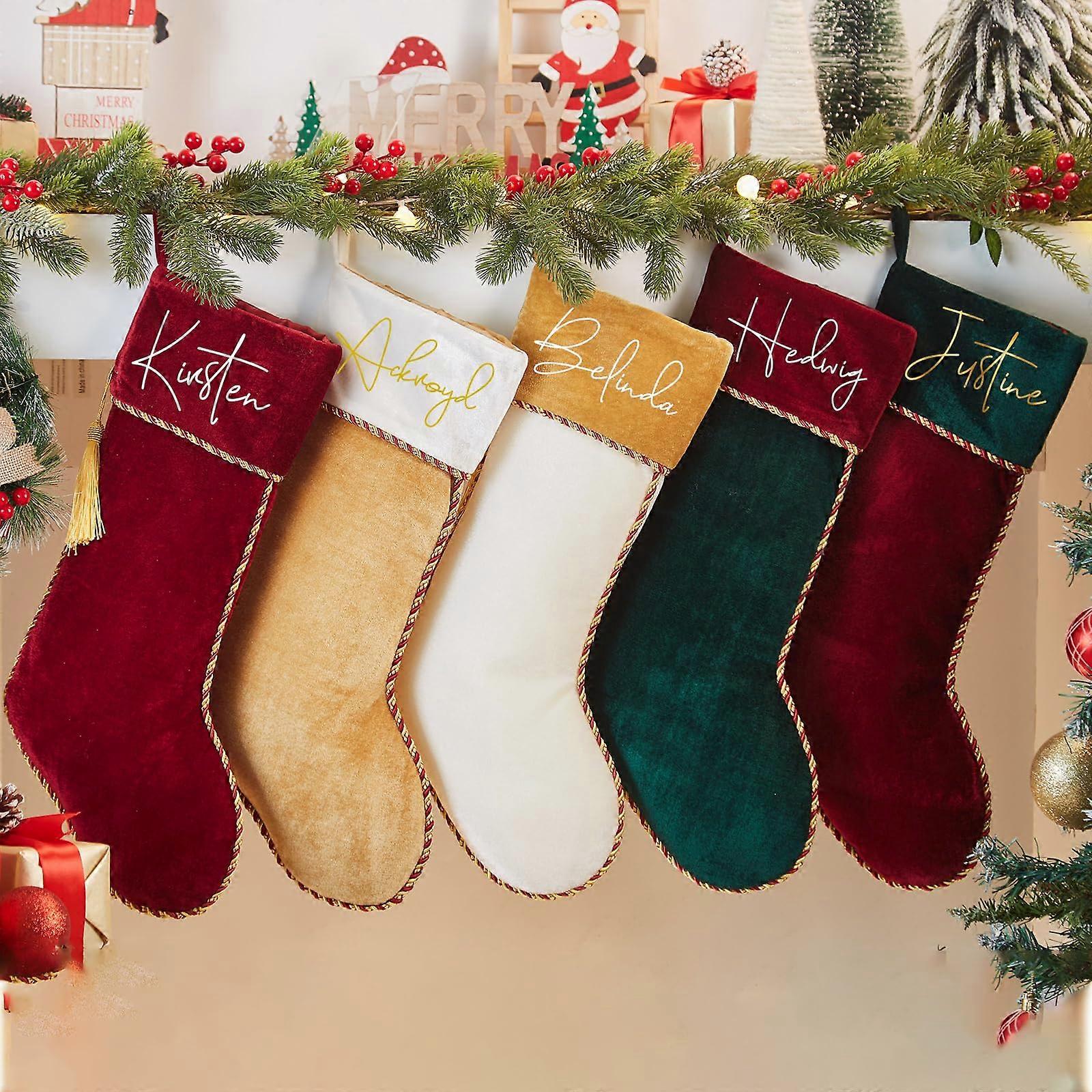 Velvet Christmas Stocking with Custom Name Embroidery, Large Design for Fireplace Decor, Red Green