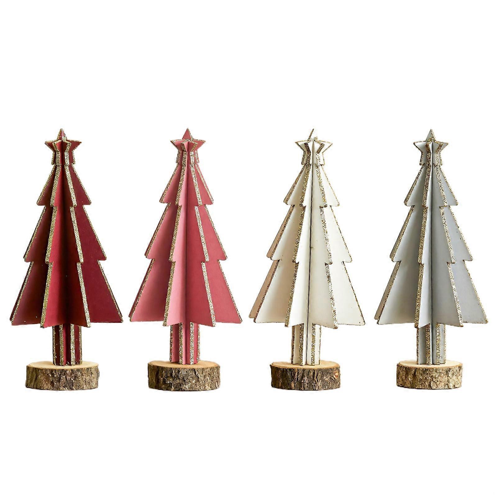 Mini Christmas Trees Set with Glitter Star and Wooden Base, 4Pack Holiday Desk or Shelf Décor