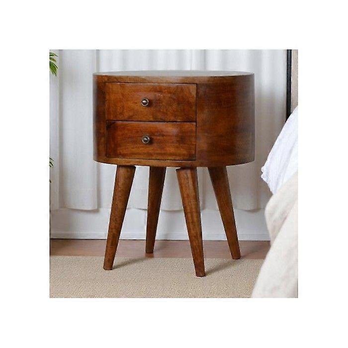 Solid Wood Chestnut Rounded Bedside Table, 2 Drawers, Dark Brown