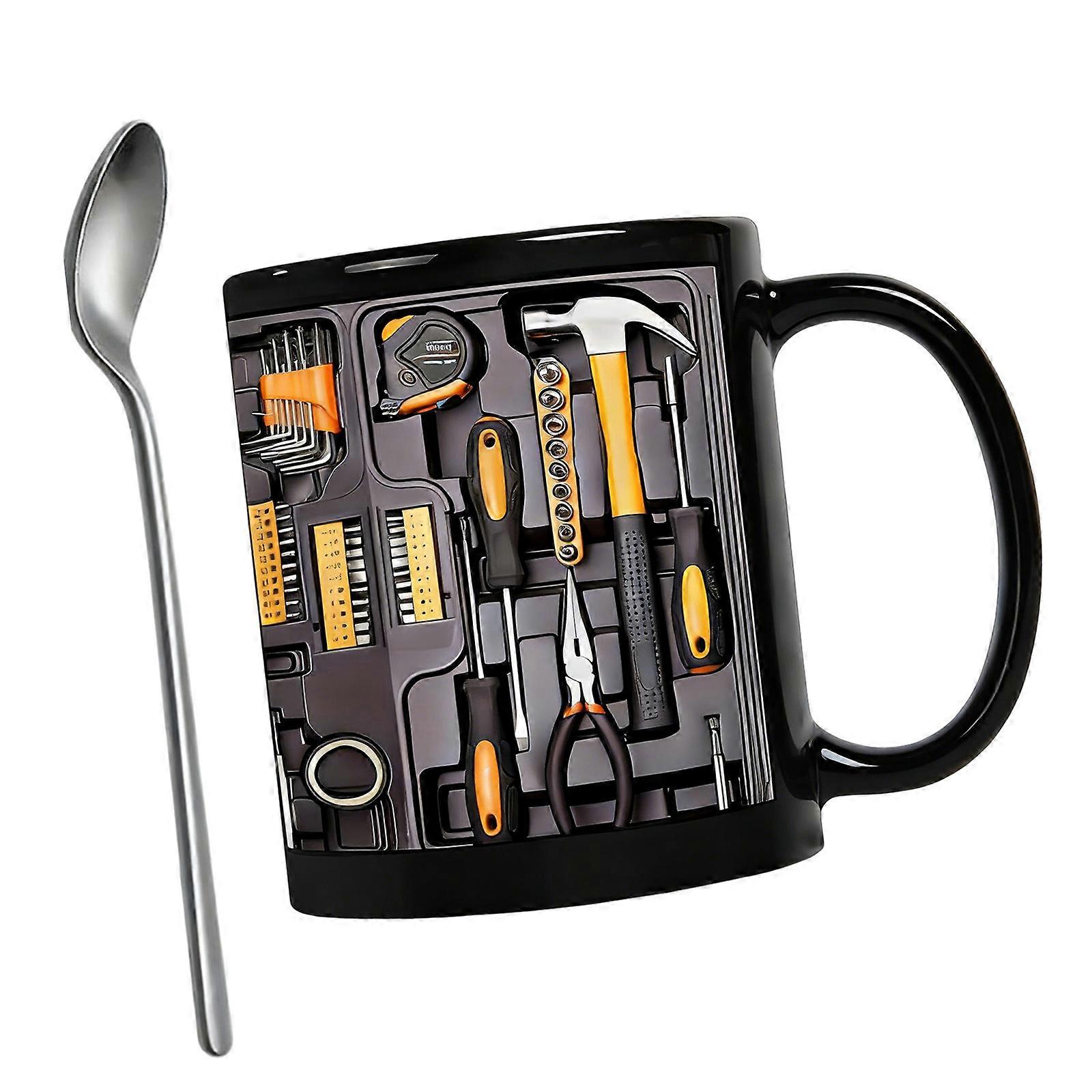 Ceramic Drinking Cup with Spoon Toolbox Pattern Large Capacity for Stable Placement Perfect for Jokes and Hydrations Multicolor