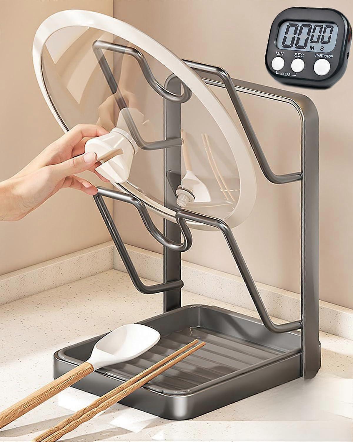 Pot Lid Holder with Drip Tray, Rustproof Double Layer Kitchen Lid Organizer and Spoon Rest