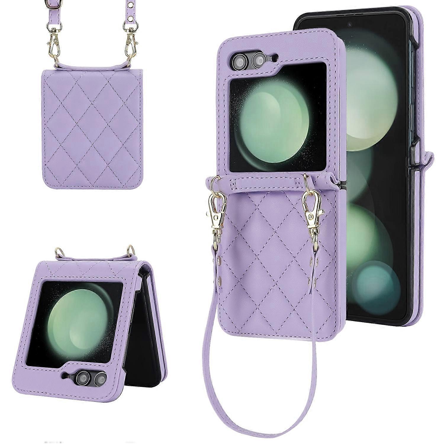 For Samsung Galaxy Z Flip7 Design Protective Case Rhombus Texture with Lanyards Light Purple