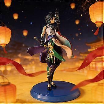 Anime Figure Guardian Warrior 1 Piece, Black Hair with Green Highlights, Horned Headpiece, Purple White Green Attire, PVC Desktop Ornament, 4-5 Inches