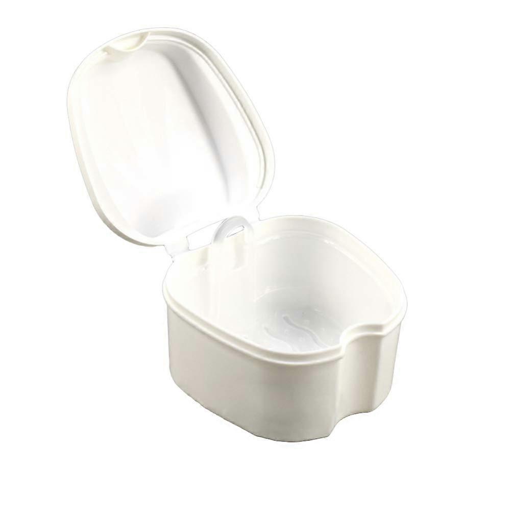 Dentures Cleaning Case with Lid and Removable Strainer Insert for Soaking False Teeth White