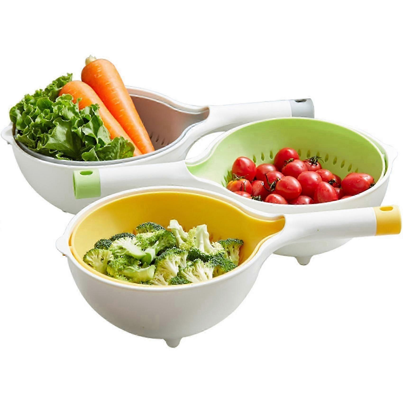 Double Plastic Handle Drain Basket Double Layer Kitchen Food Vegetable Washing Strainer