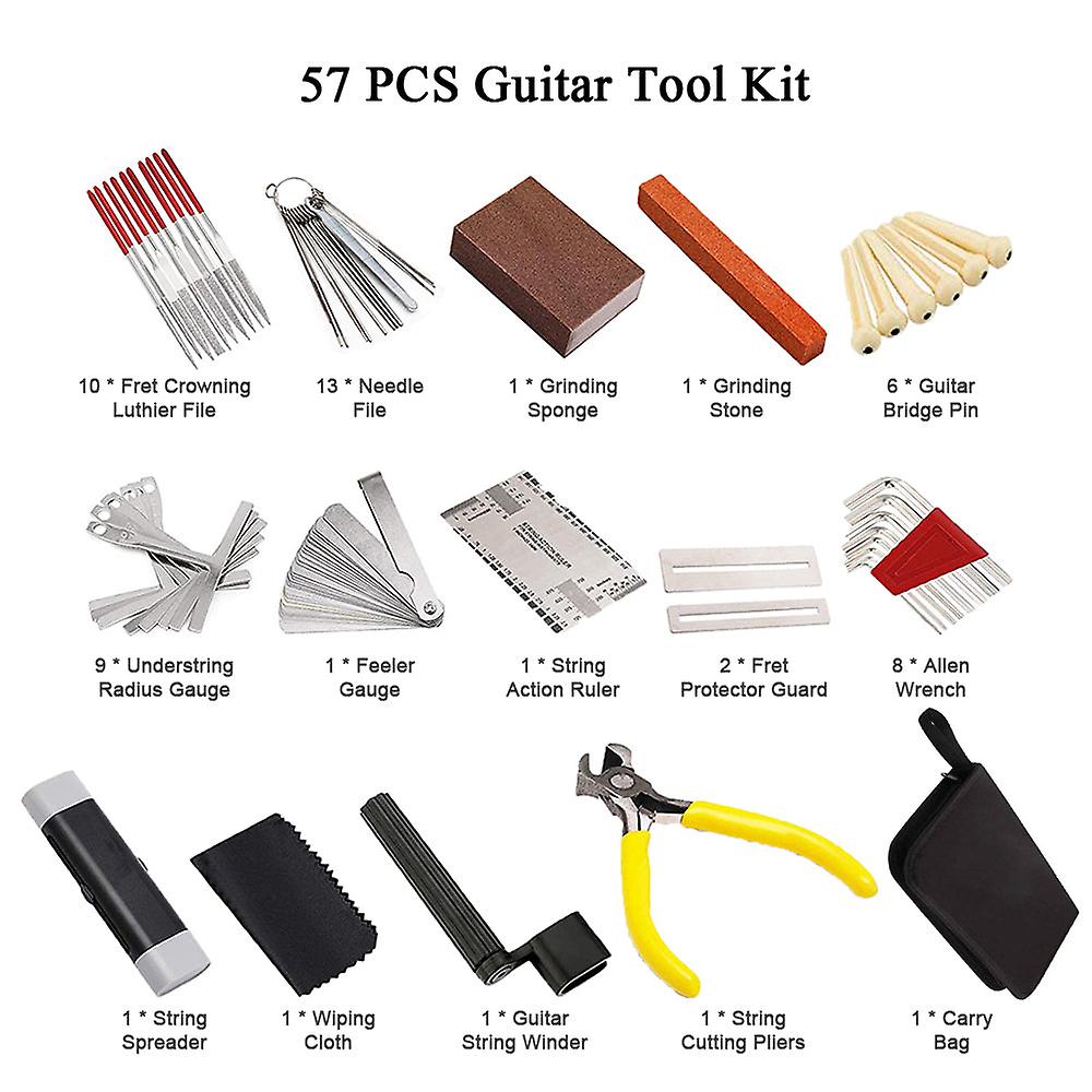 57 Pcs Guitar Repair Maintenance Tools Kit String Action Ruler Luthier File Guitar Bridge Pins For Guitar Ukulele Bass Banjo