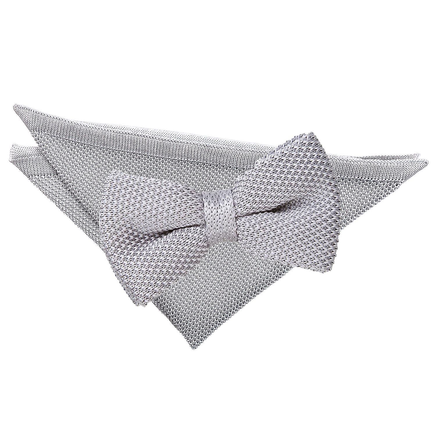 Silver Knitted Bow Tie and Pocket Square Set