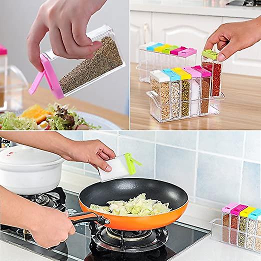 Set of clear plastic spice tins, storage of condiments, salt,