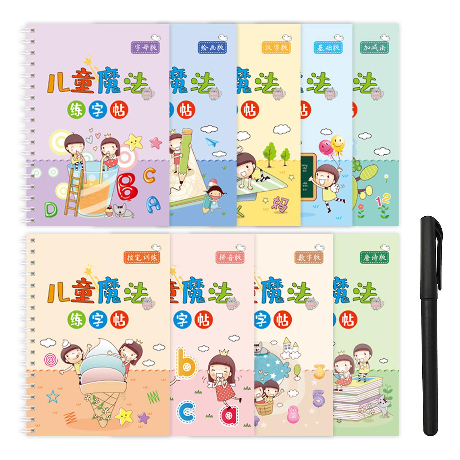 9pcs Grooved Handwriting Books For Kids Number Alphabet Math Drawing Theme Magic Copybook For Kids Educational Early Learning Toys