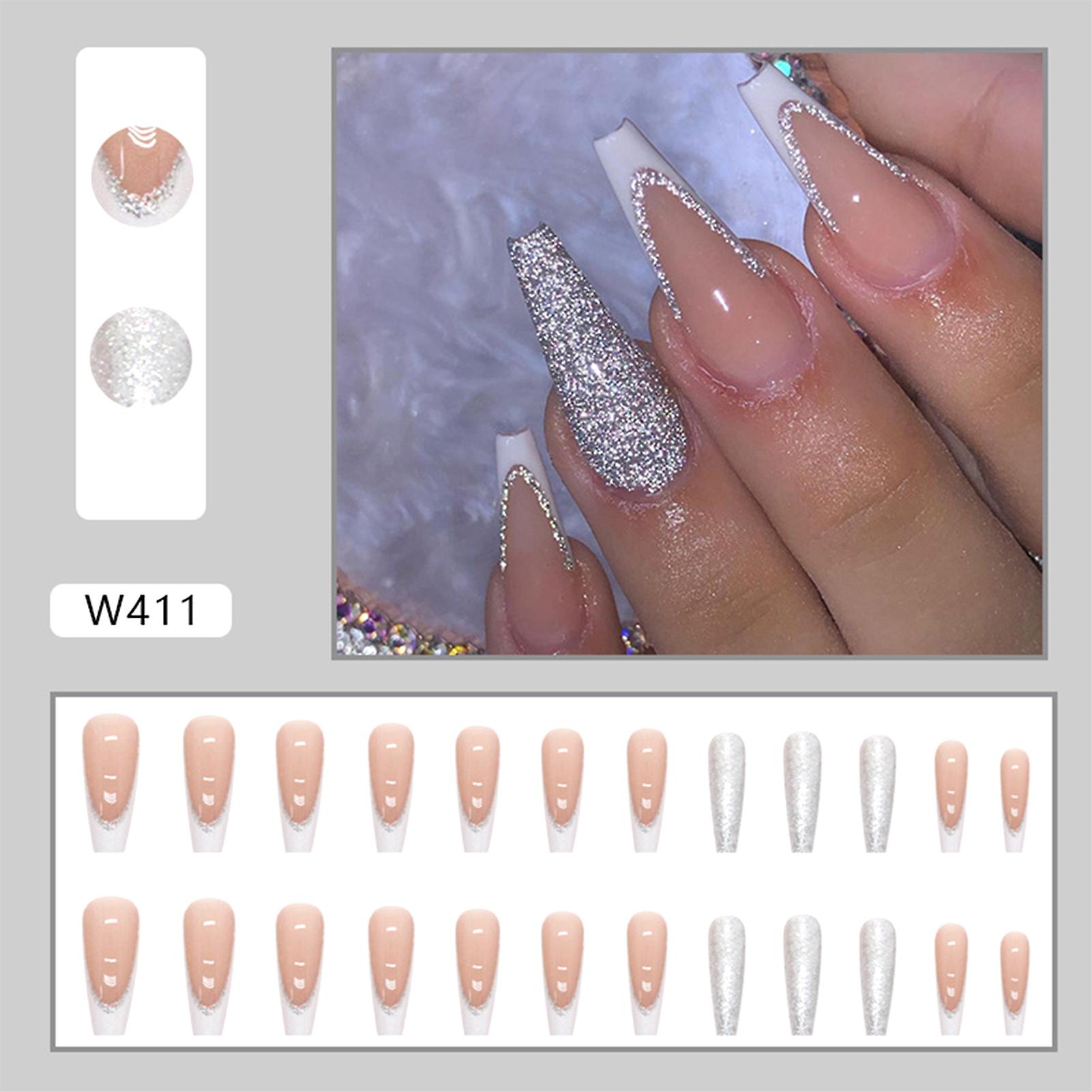 Silver Flash Powder Long Press On Nails Stylish Design Press-on Nails