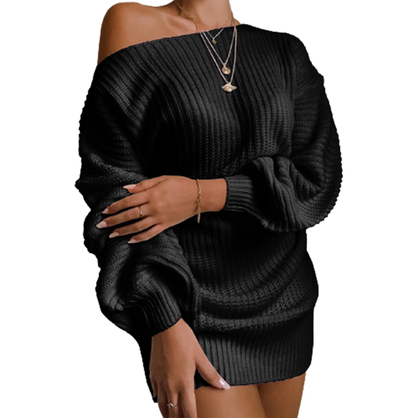 Damen Casual Pullover Strickkleid Einfarbig Langarm Pullover Kleid