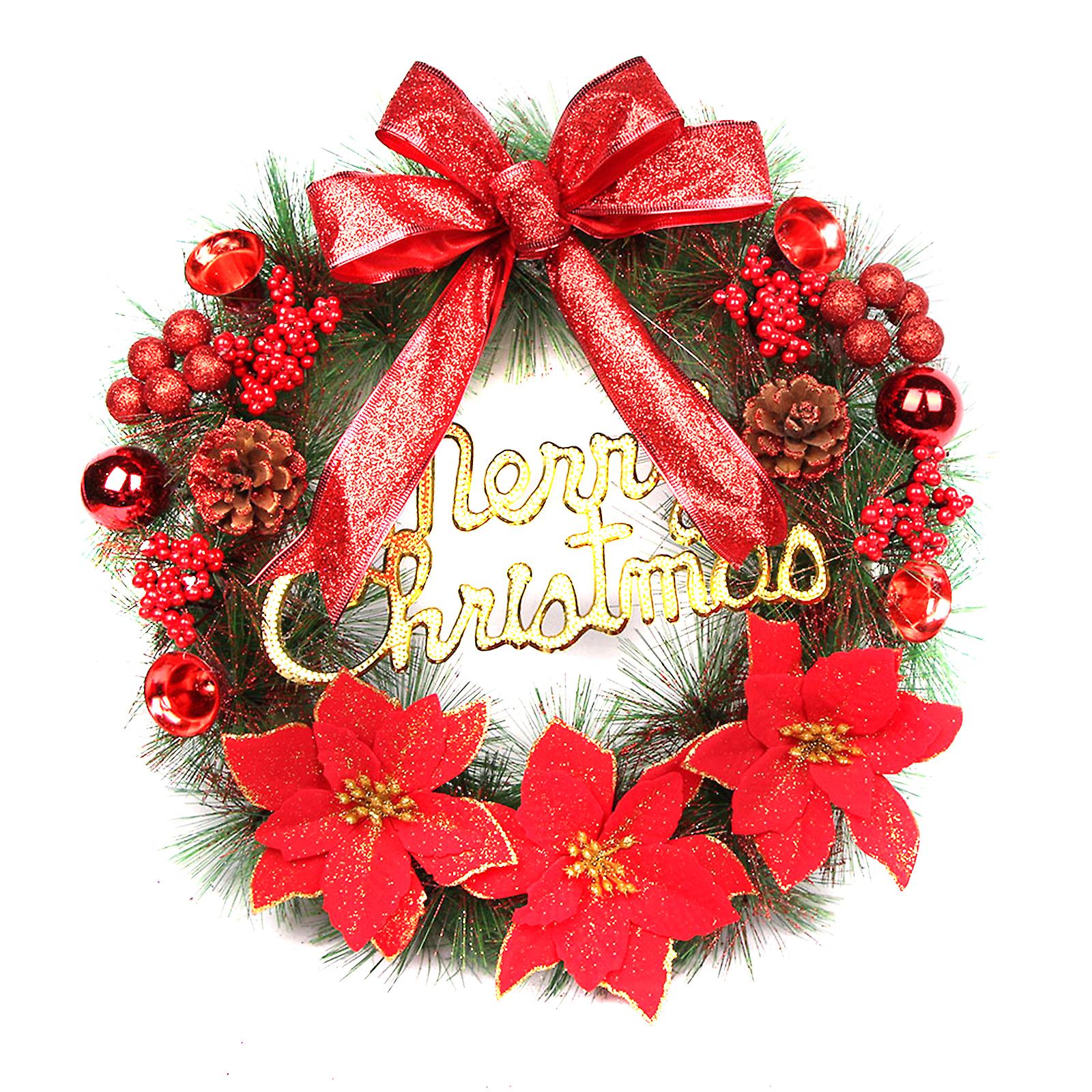 Christmas Handmade Wreaths Artificial Garland with Bells Bowknot Xmas Front Door Wall Decoration