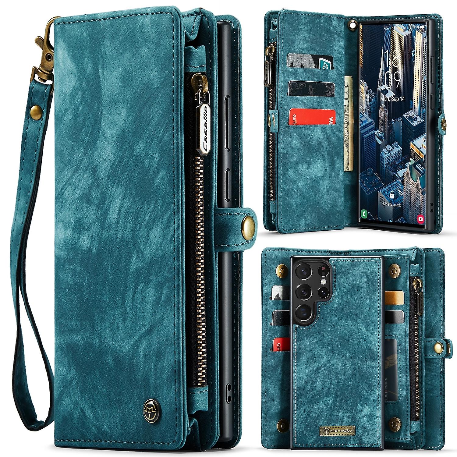 For Samsung Galaxy S24 Ultra CaseMe Faux Leather Multifunction Zipper Wallet Case Blue