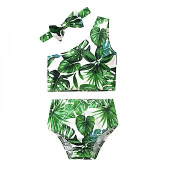 Veeki Kids Baby Girls 3pcs Leaf One Shoulder Vest Panties Bowknot Bikini Set Swimsuit Bathing Suit, Size:120, Green