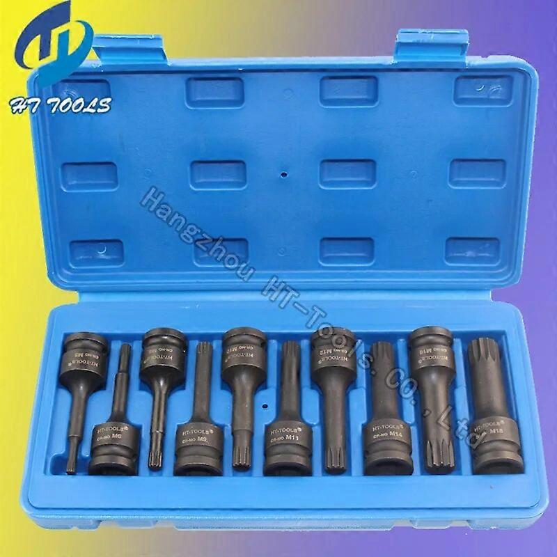 10pcs 1/2" DR.Impact Spline Bit Socket Set M5 M6 M8 M9 M10 M11 M12 M14 M16 M1878mm length No.22316