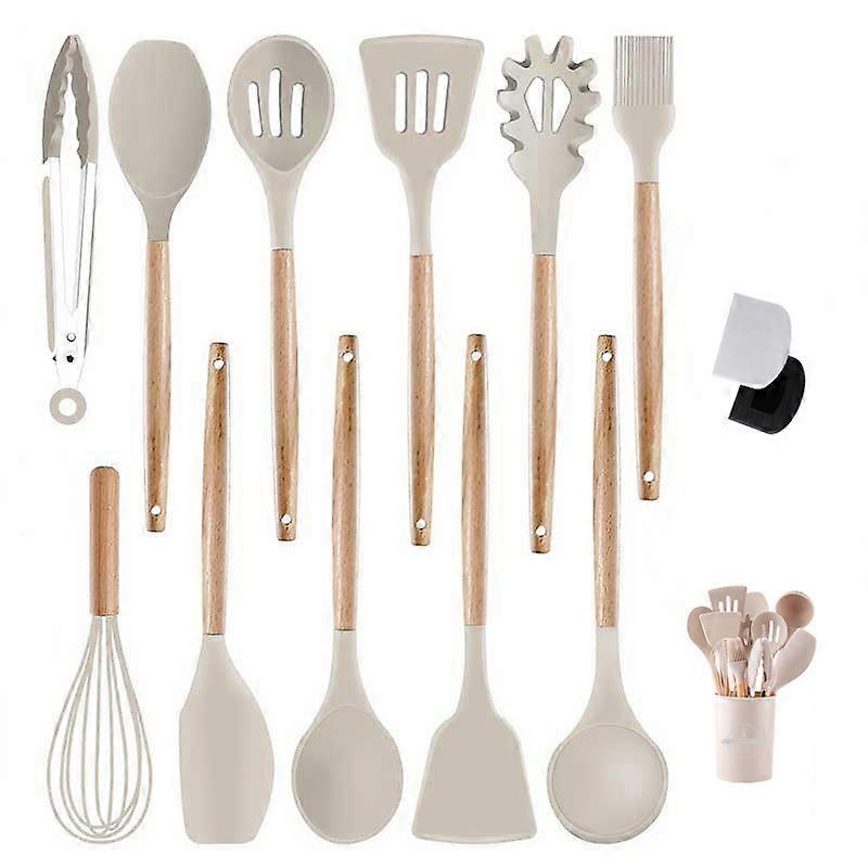 14pcs/set, Silicone Utensil Set, Kitchen Utensil Set, Safety Cooking Utensils Set, Non-Stick Cooking Utensils Set With Wooden Handle, Washable Modern