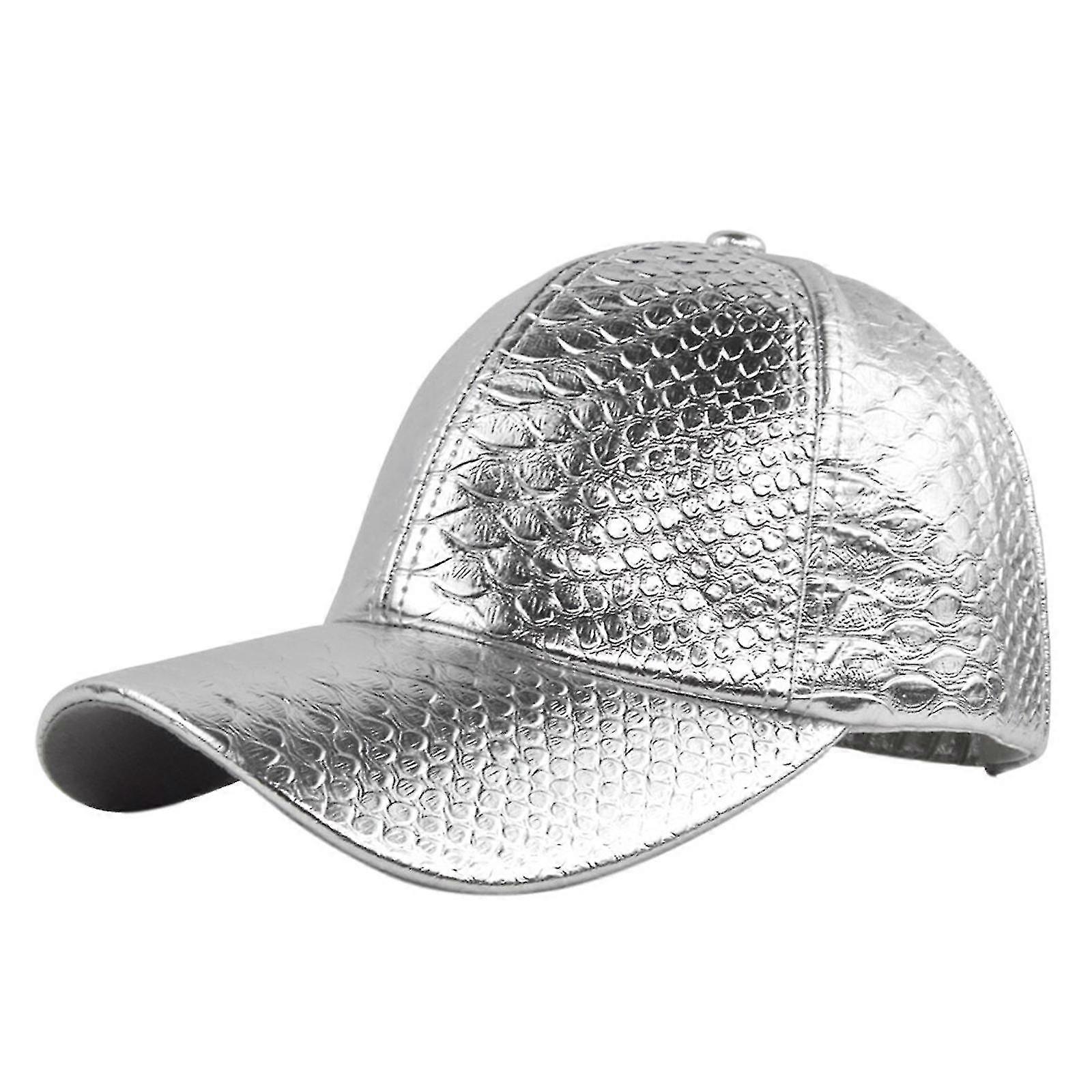 Mens Baseball Cap Adjustable Strap Faux Leather Crocodile Print Solid Color Hat