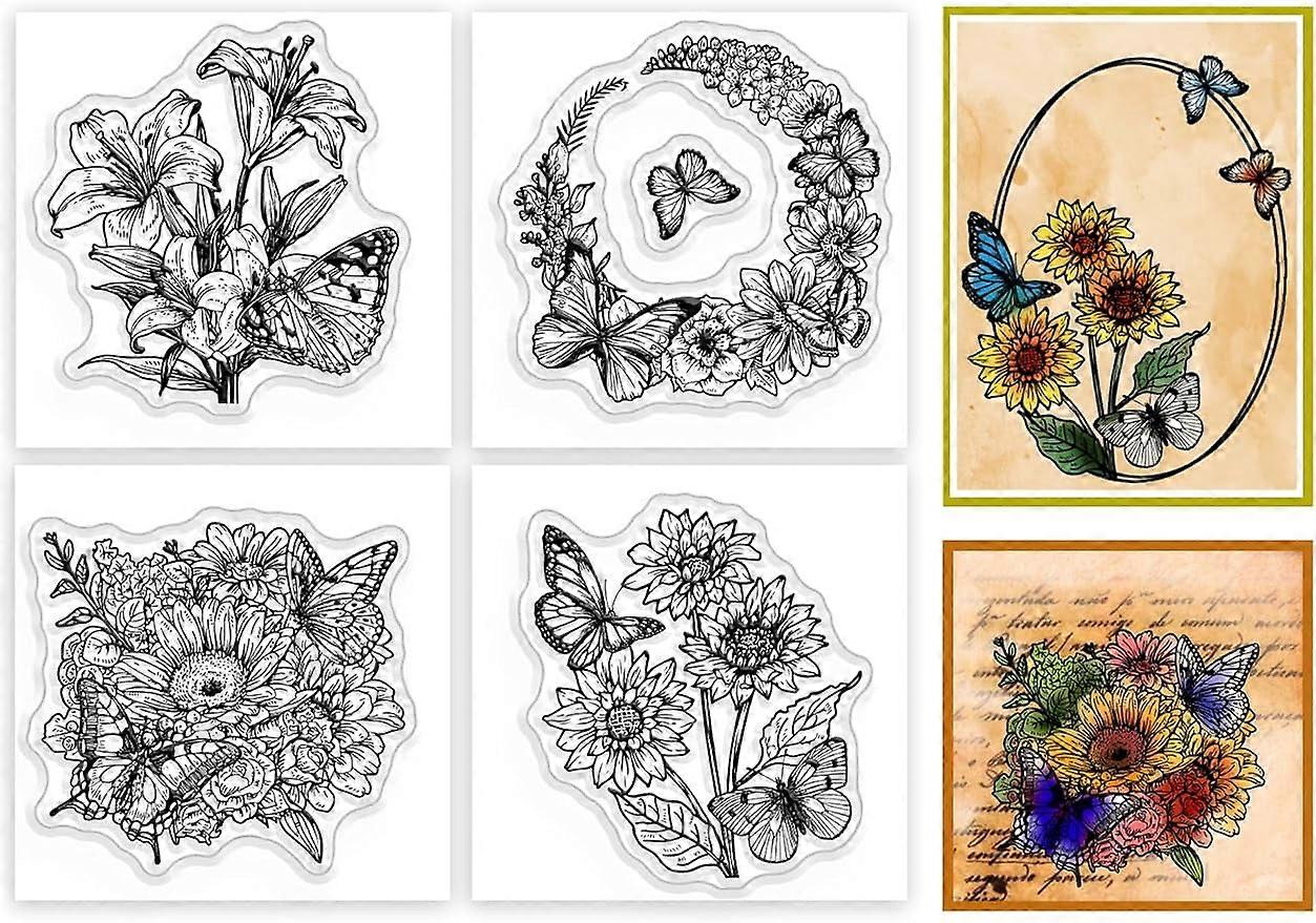 4Pcs Butterfly and Flower Clear Stamps for DIY Scrapbooking