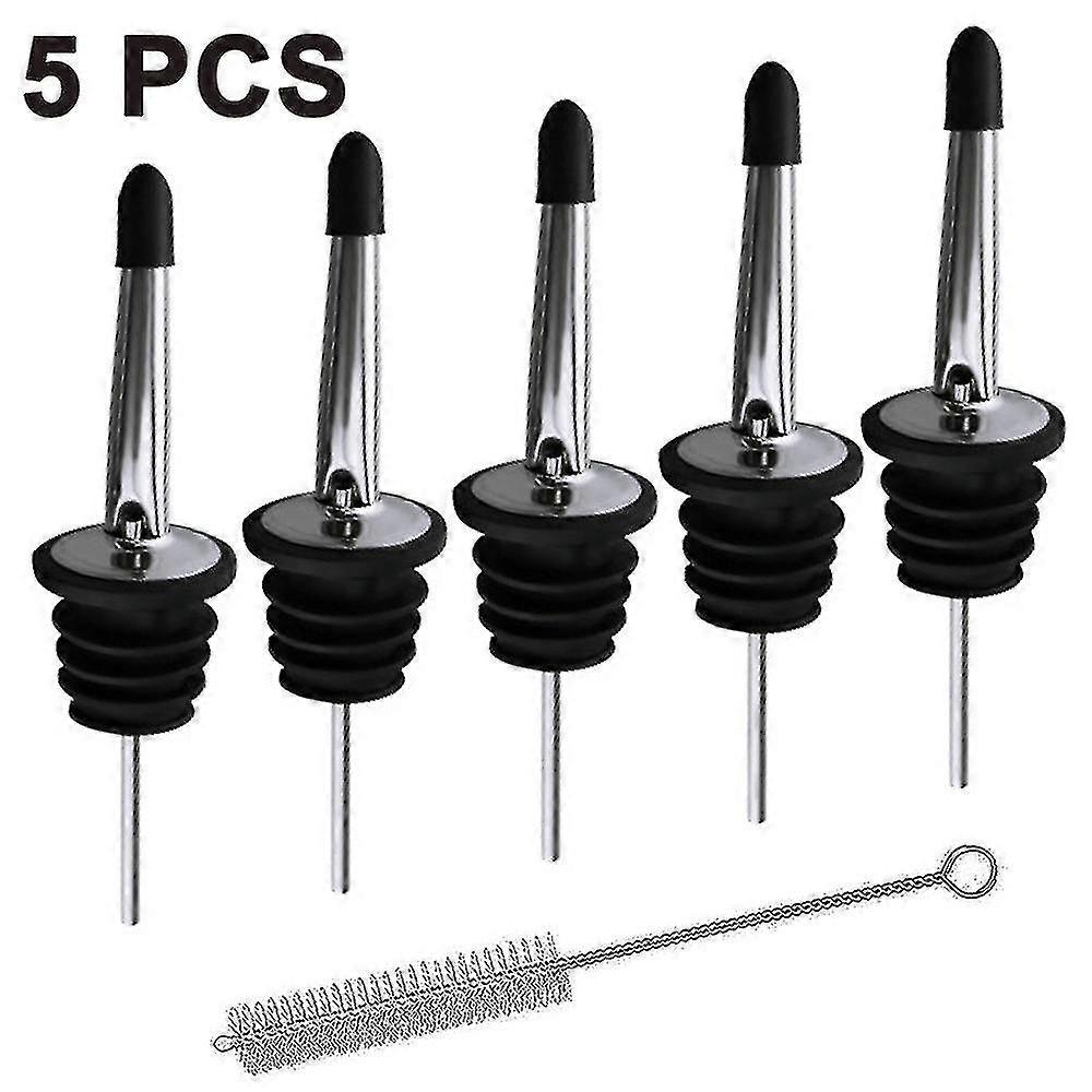 5pcs Liquor Bottle Pourers With Rubber Dust Caps & 1 Cleaning Brushes