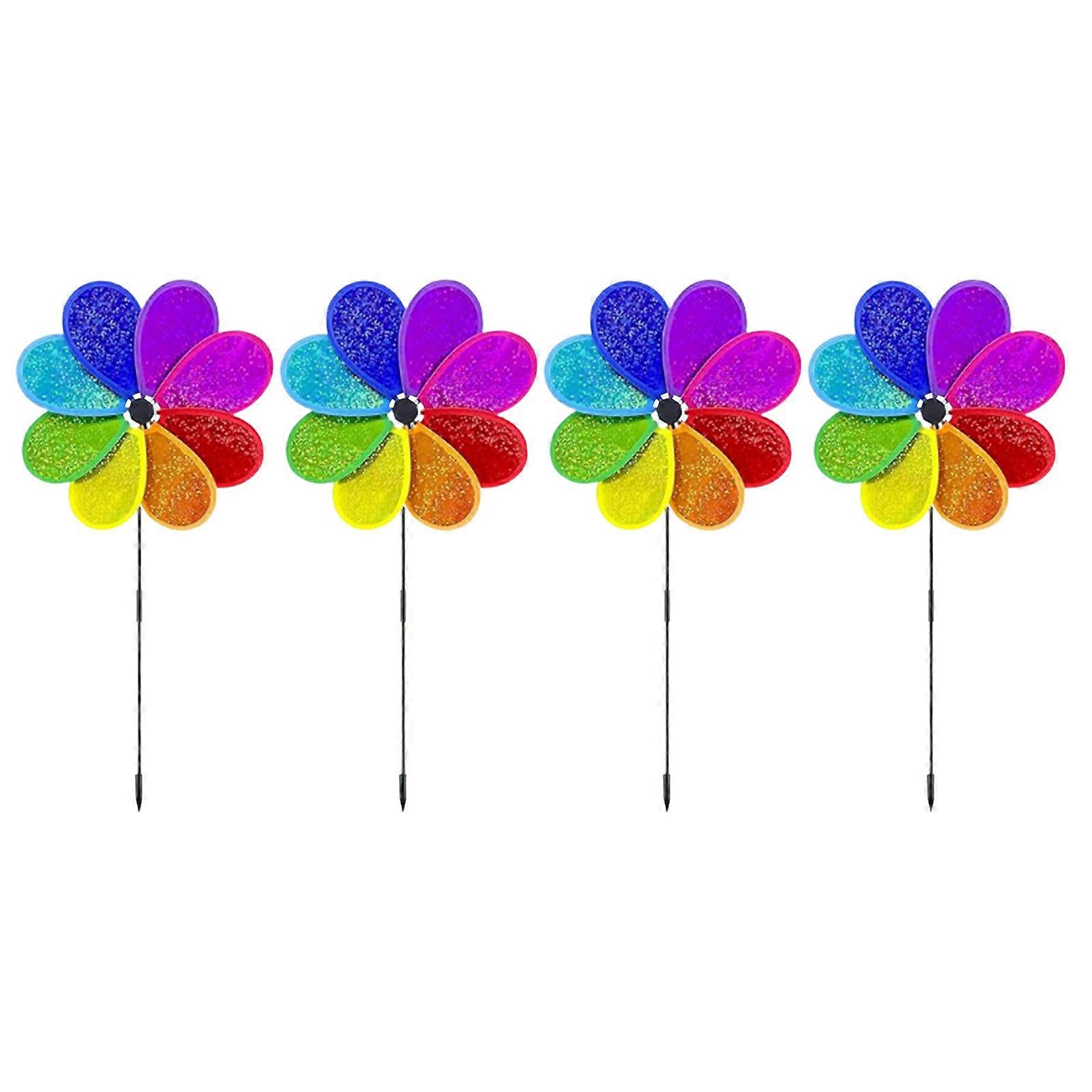 4 Pcs Reflective Sequin Pinwheels Sparkly Colorful Rainbow Garden Pinwheel Toys Bird Deterrent Wind Spinner for Yard Patio Lawn