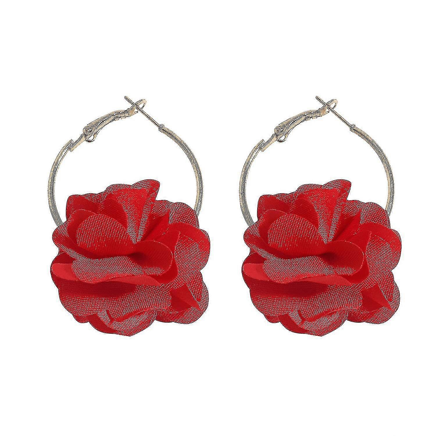 Bohemian Lightweight Large Fabric Flower Dangle Earrings Handmade Charm Chic Petal Hoop Earrings