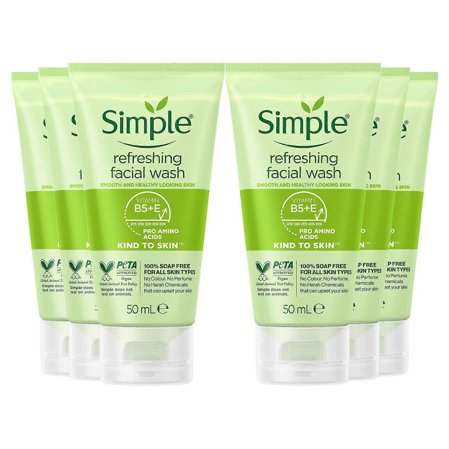 Simple 6 X 50Ml Kind To Skin Soap Free Refreshing Facial Gel Wash Size 6 Pack