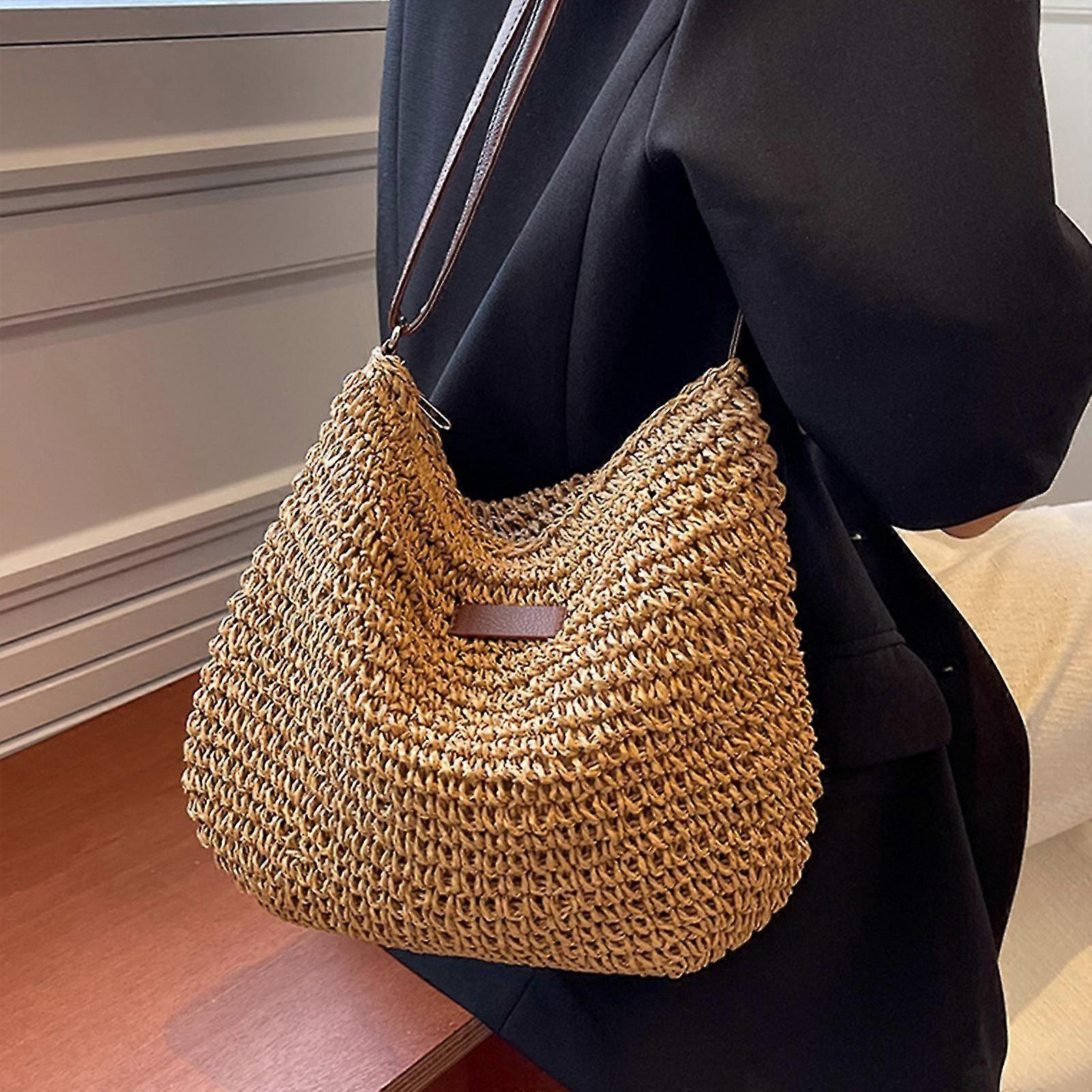 女性用ショルダーストローバッグ、女性用ビーチホリデー用サマーストロークロスボディバッグ、ジッパー付きスタイリッシュカジュアルクロシェバッグ