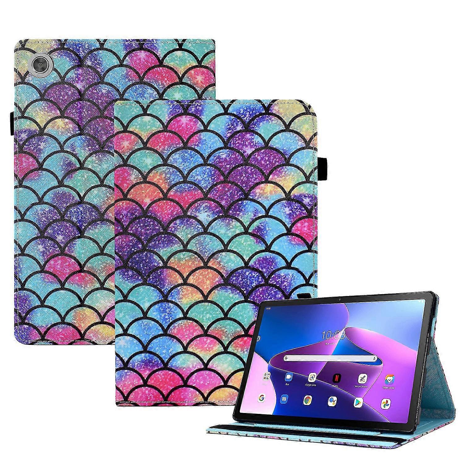 For Lenovo Tab M10 Plus (3rd Gen) Pattern Printing Pu Leather Tablet Case Stand Elastic Band Cover With Card Slots