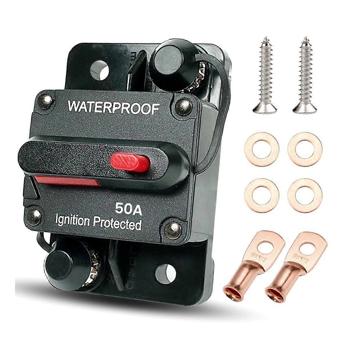 50 Amp Automotive Circuit Breaker with Manual Reset, Waterproof Fuse Holder for Trolling Motors, Bo
