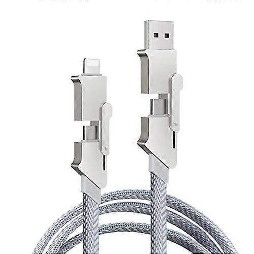 4-in-1 USB C Charging Cable, 60W Fast Charging & Data Sync, Flat Braided Anti-Tangle, Lightning/Type C/USB A (100CM, Light Gray)