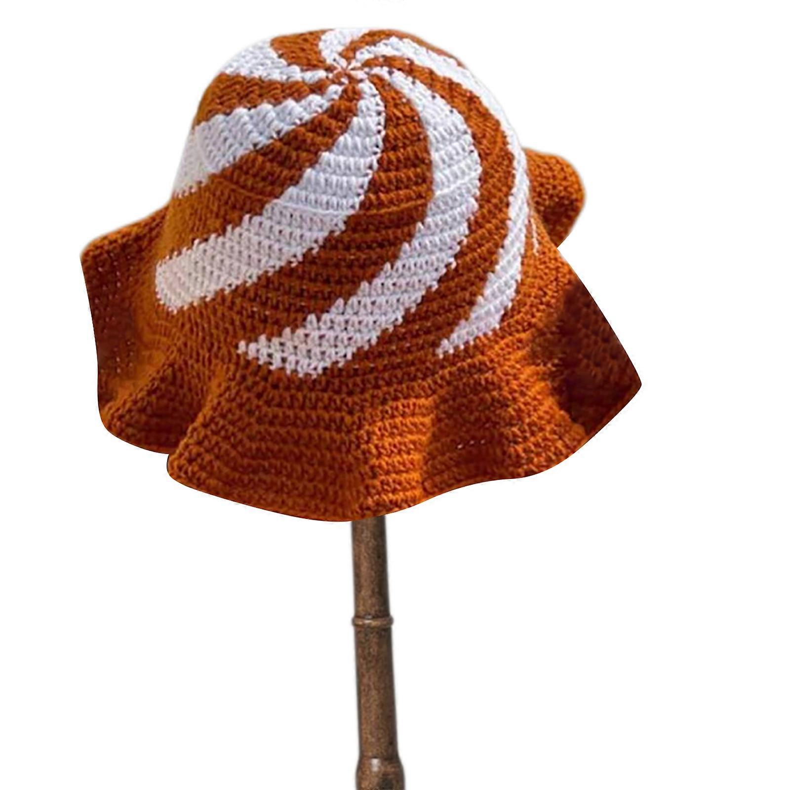 女性のための手作りニットバケットハットカラフルな織りフロッピーフリルバケットハット大人の十代の若者たちサイクリングフィッシャーマンハットライトブラウン
