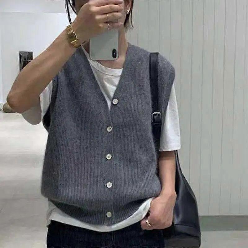 Knit Vest Short Cardigan Single Breasted Buckle Women's Sleeveless Coat Layered Outwear Loose Casual Office Lady Spring Fall