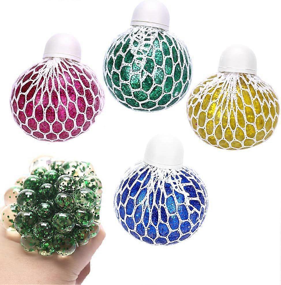 Squeeze Ball with Net, Pack of 4 Squishy Mesh Ball, Squeeze Ball in Net, Glitter, Stress Ball Fidget Toy, Anti-Stress Toy, for Children and Adults
