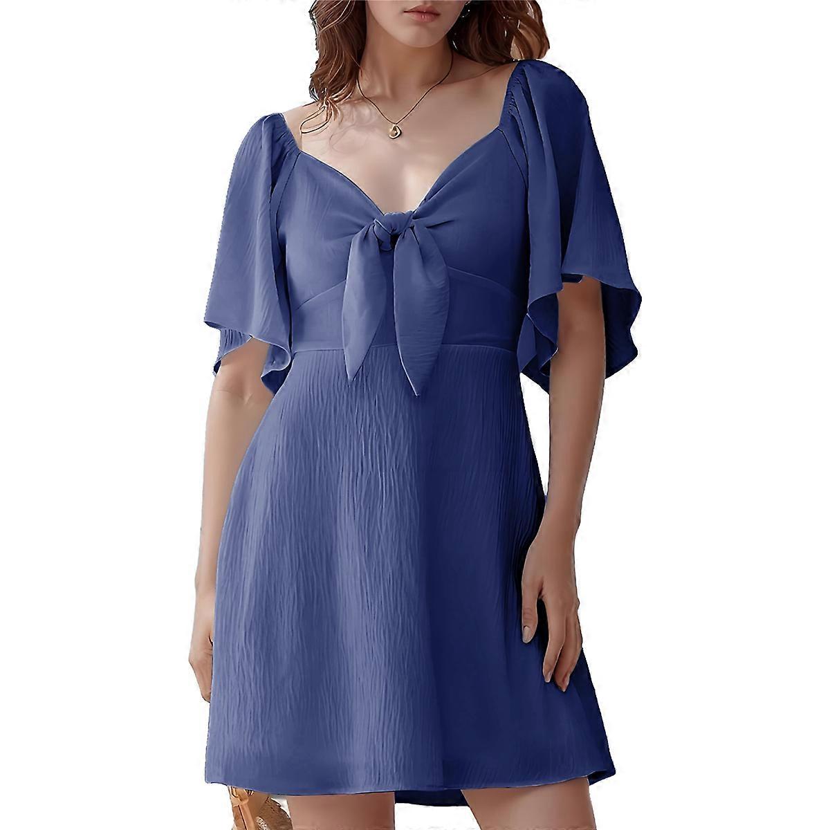 Deep V Neck Elegant Bow Tie Mini Dress Navy Blue L