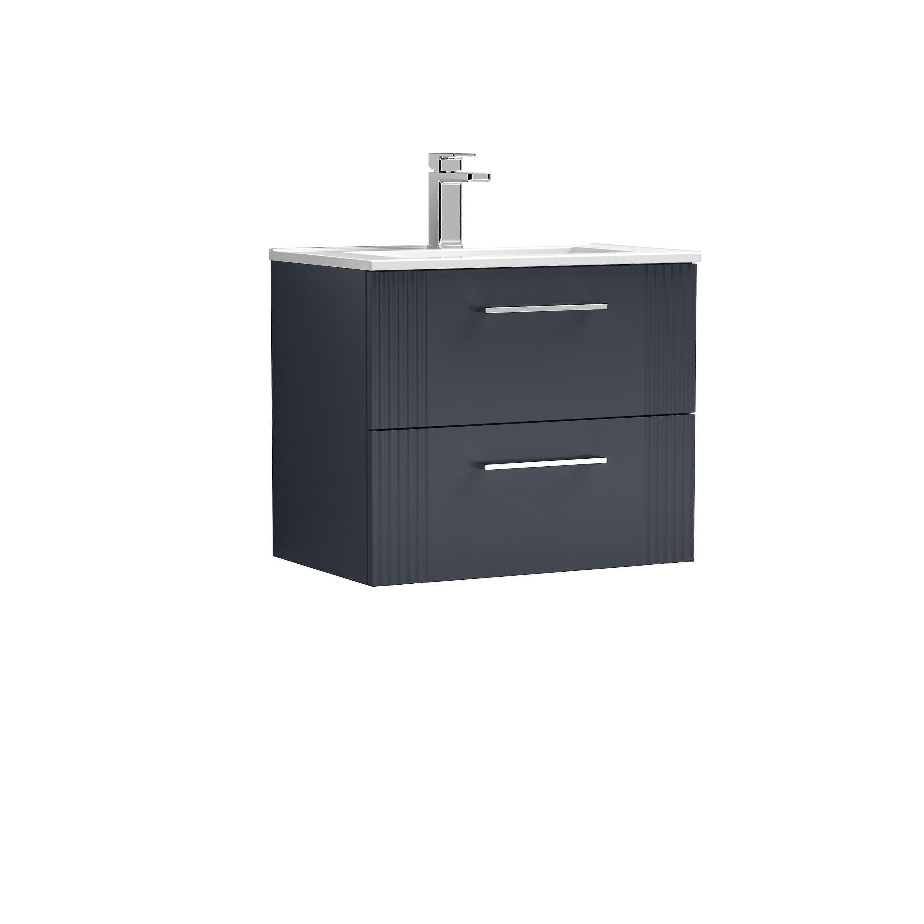 Partial Fluted 2 Drawer Wall Hung Vanity Unit with 1 Tap Hole Minimalist Basin - 600mm - Satin Dark Grey  Faucet
