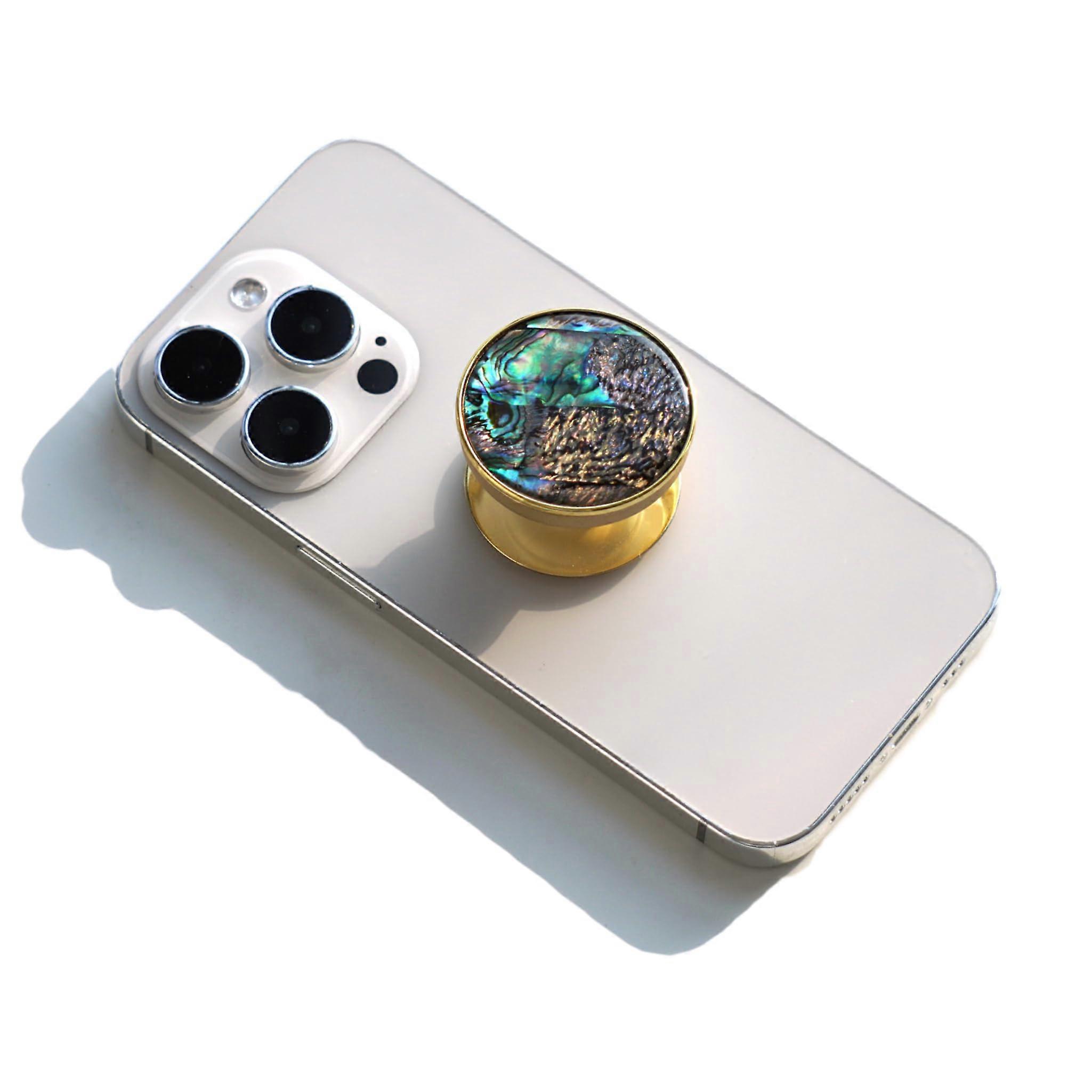 Mobile Phone Handle Holder Round Shell Pattern Gold Electroplated Foldable Sticky Smartphone Grip Compatible with All Models