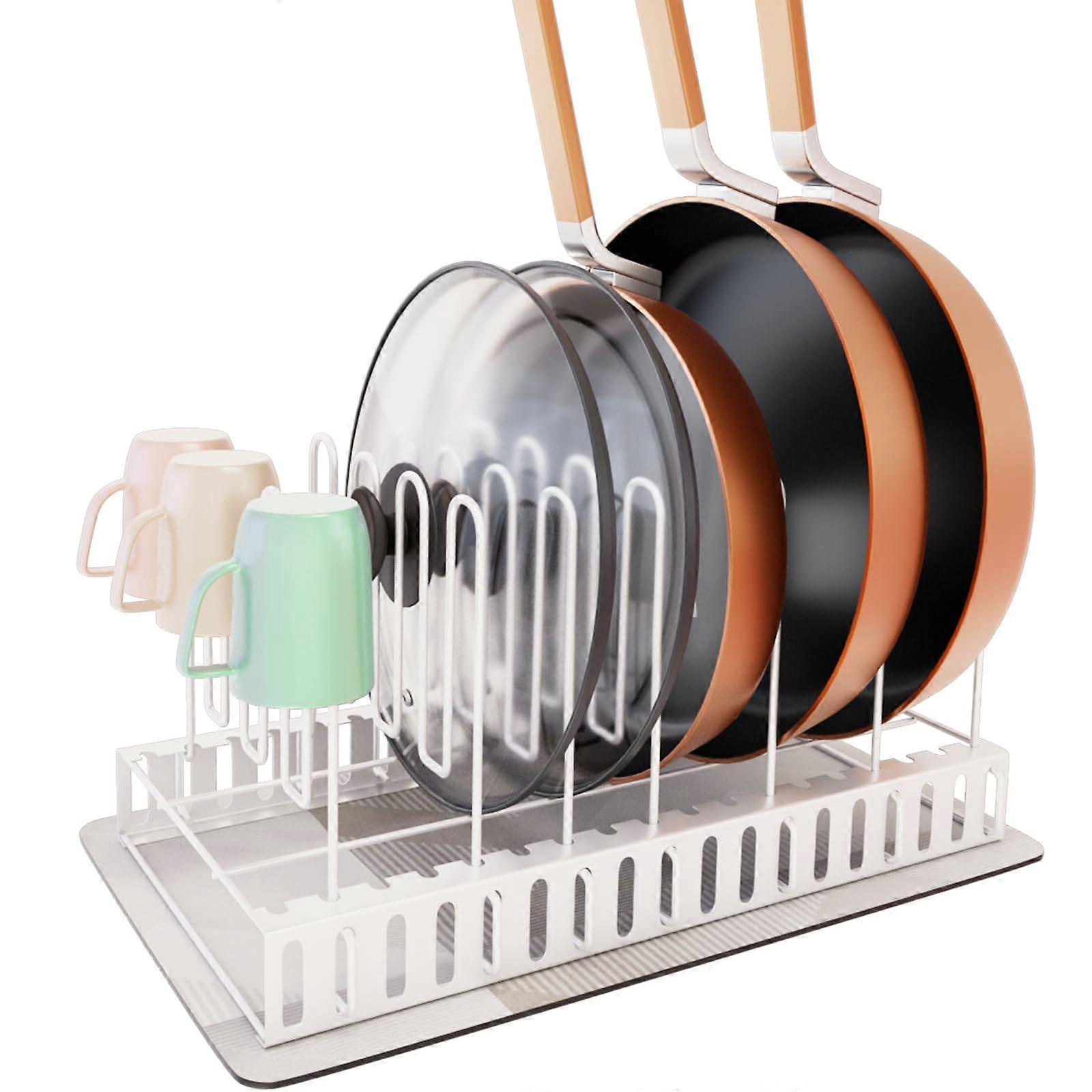 Pot and Pan Organizer Rack with Dry Mat for Cabinet, Pot Lid & Cup Holder with 7 Adjustable Dividers for Kitchen Storage 14.96x8.26x7.87.51inch