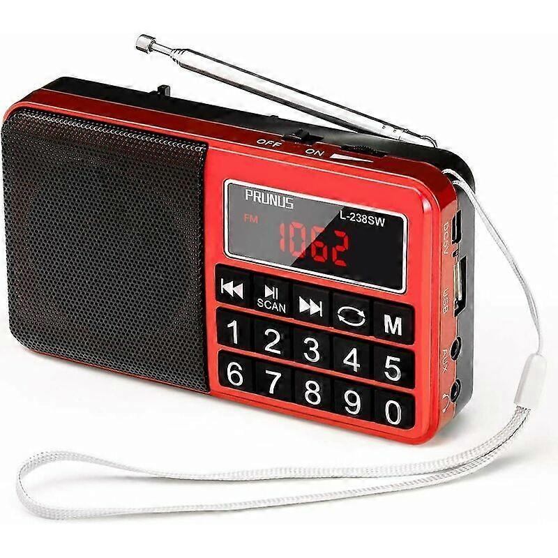 Portable Radio FM/AM(MW)/SW/USB/Micro-SD/MP3, Radio Station with Large Buttons and Large Screen, Rechargeable Portable Radio 1200 mAh Battery (Red)