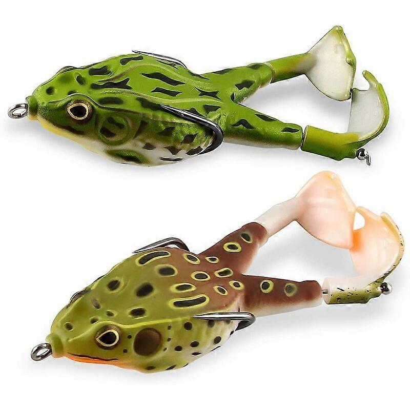 2 Pieces Fishing Frog, Fishing Lures, 9cm Double Frog Propellers, Soft Bait with 3D Eyes, 360 Rotating Tail Artificial Soft Lure with and for Outdoor