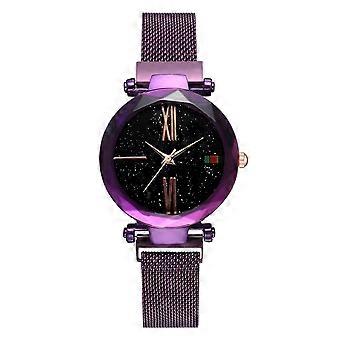 SQCLV Mode Legierung Mesh Gürtel Gurt Quarzuhr Sternenhimmel Zifferblatt Muster Weibliche Uhr (Lila)