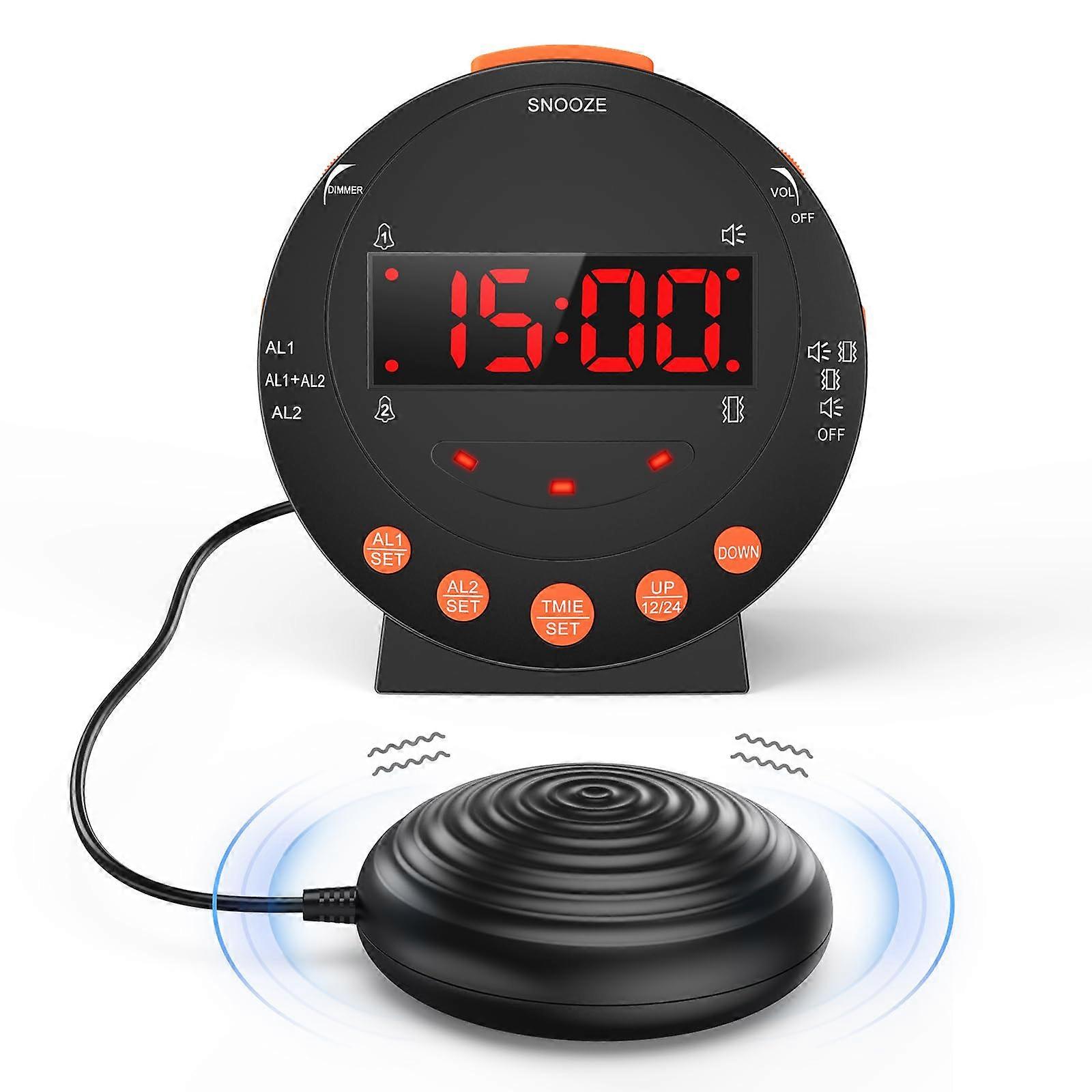 Alarm Clock with Vibrating Bed Shaker, Dual Loud Alarms, Adjustable Dimmer & Volume, USB Charging for Heavy Sleepers