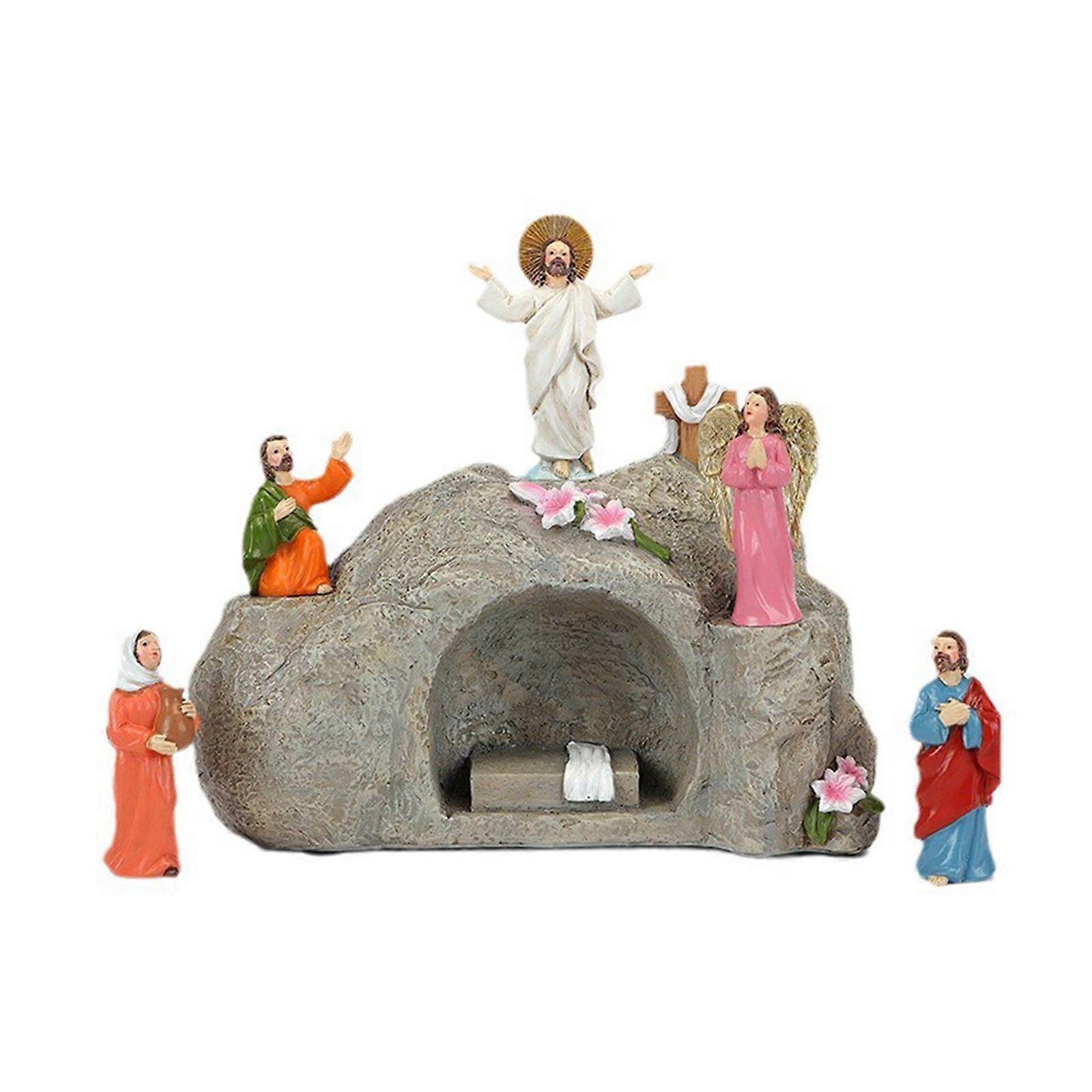 Easters Resurrection Scene Figurines Religious Ornaments Set with LED Light for Indoor Display Tabletop Holiday Decors