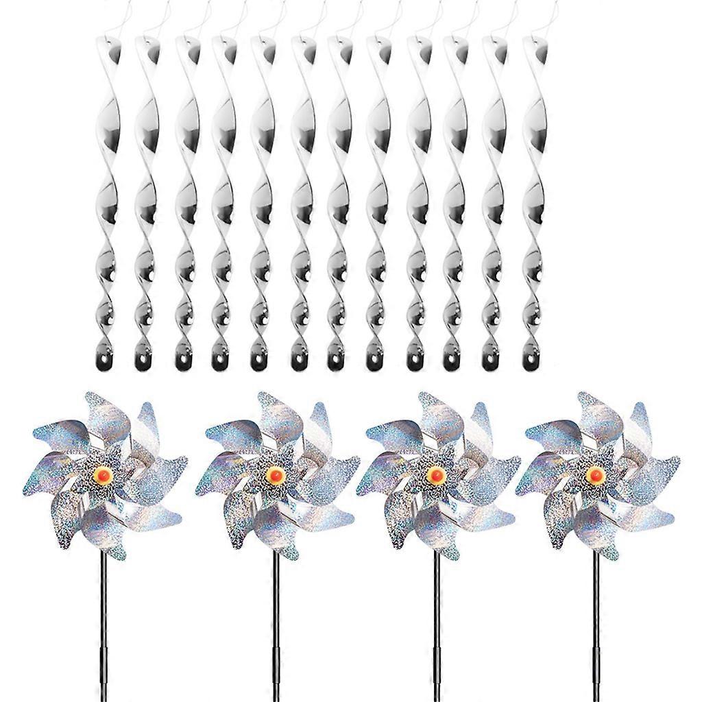 12 Pieces Bird Repellent Reflective Scare Rods Birds Deterrent Hanging Devices with 4 Pieces Bird Repellent Pinwheels Effective Reflection Silver
